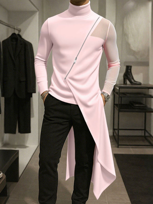 Men's One Side Long Hem Sheer Mesh Long Sleeve T-Shirt SKUL26092