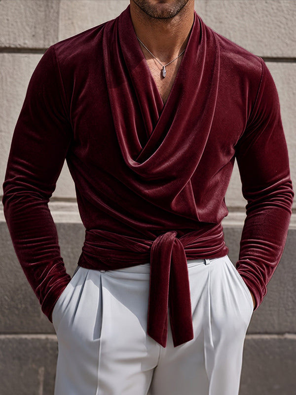 [Pre-order] Men's Victorian Vintage Evening Gala Velvet Cowl Neck Tie-Waist T-shirt SKUL88541