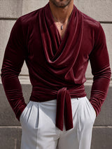 [Pre-order] Men's Victorian Vintage Evening Gala Velvet Cowl Neck Tie-Waist T-shirt SKUL88541