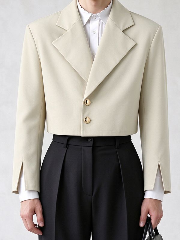 Men's Smart Chic Evening Gala Wide Lapel Gold Button Slit Cuff Cropped Blazer SKUL85521