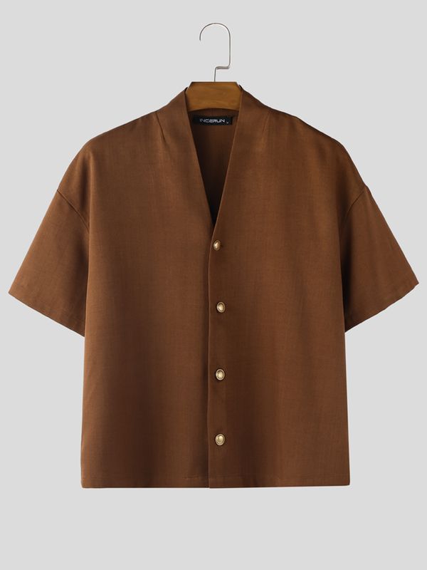 Men's Solid Color V-Neck Short Sleeve Shirt SKUL55448