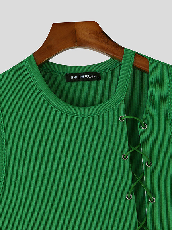 Mens Solid Color Knit Cross Tie Hollow Tank SKUL16798