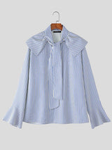 Men's Stripe Shawl Lace Up Flared Sleeve Shirt SKUL47925