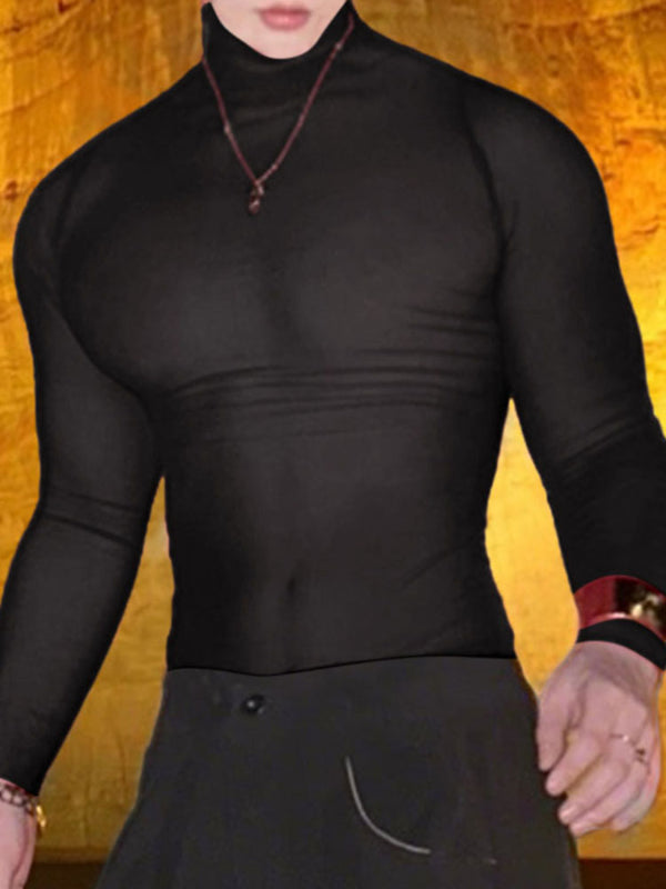 Men's Sheer Mesh High Neck Long Sleeve T-Shirt SKUL38059