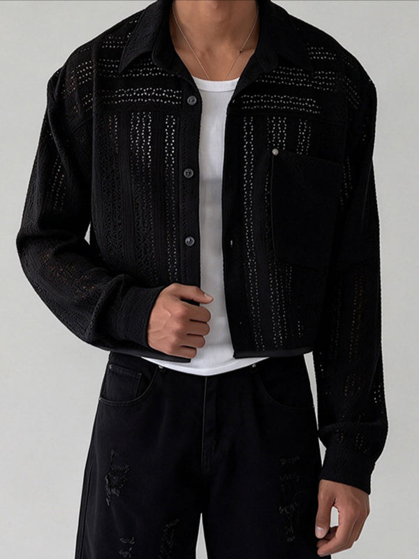 [Pre-order] Men's Avant-Garde Vacation Resort Hollow Out Lace Striped Cropped Shirt SKUL86937