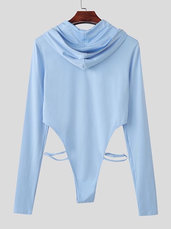 Men's Solid Color Knit Hooded Zip-Up Bodysuit SKUL38915