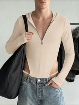 Men's Solid Color Knit Hooded Zip-Up Bodysuit SKUL38915