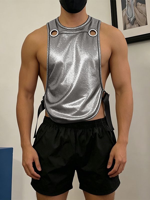 Men's Avant-Garde Metallic Wet-Look Eyelet Detail Open Side Bib Tank SKUL63039