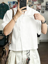 Men's New Chinese Style Textured Frog-Button Puff-Sleeve Shirt SKUL59571