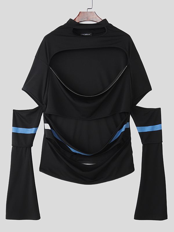 Men's Cut Out Design Contrast Color Striped Zipper Long Sleeve Sweatshirt SKUL36342