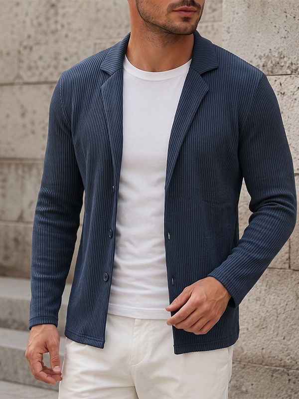 Men's Early Autumn Urban Casual Ribbed Knit Button Down Long Sleeve Lapel Collar Cardigan SKUL79219