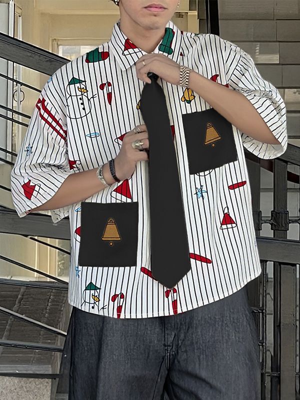 Men's Christmas Print Striped Tie Half Sleeve Shirt SKUL31820