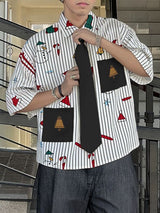 Men's Christmas Print Striped Tie Half Sleeve Shirt SKUL31820
