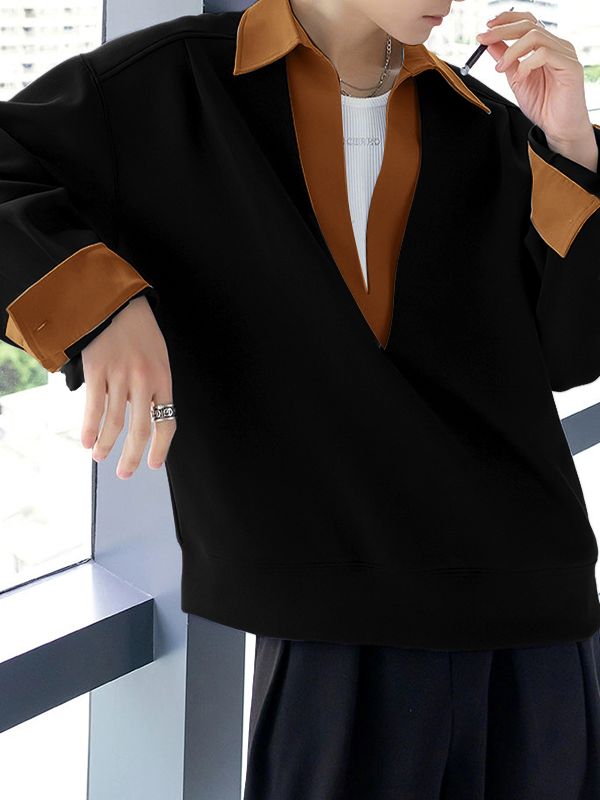 Men's Colorblock Deep V Lapel Long Sleeve Sweatshirt SKUL34191