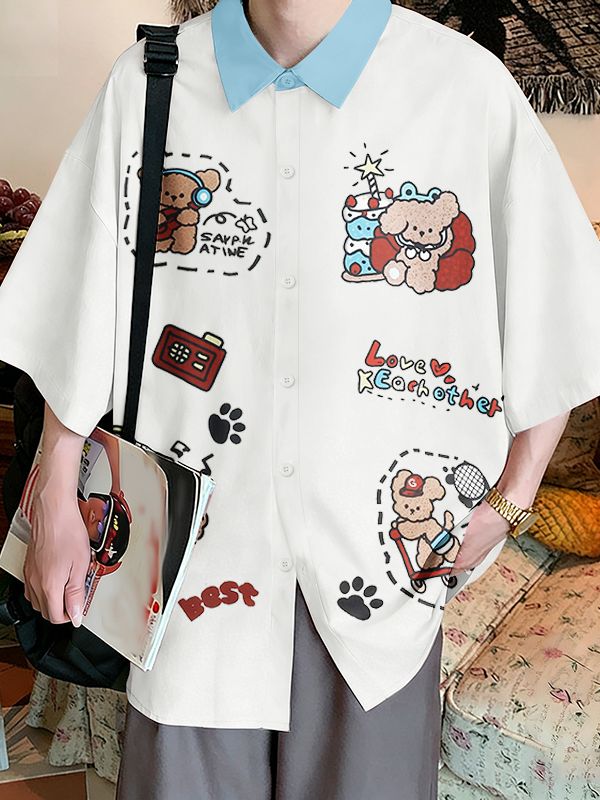 Men's Fun Print Contrast Collar Short Sleeve Shirt SKUL45998