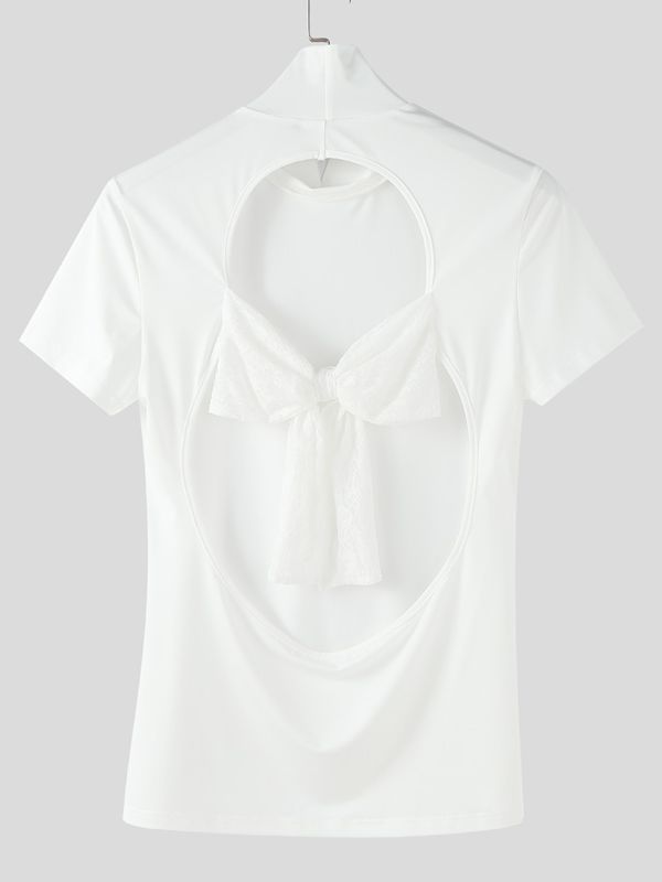 Men's Lace Bow Patchwork Open Back Short Sleeve T-Shirt SKUL37676