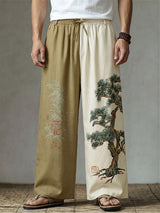 Men's Vintage Zen Two Tone Pine Tree Print Drawstring Wide Leg Pant SKUL70394