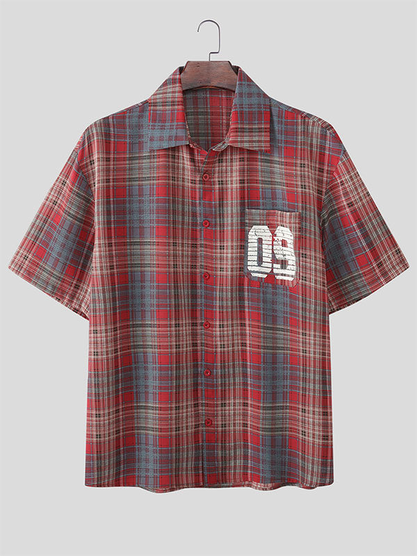 Men's Number Print Plaid Short Sleeve Shirt SKUL21115