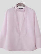 Men's Ribbon Deep V Neck Long Sleeve Shirt SKUL46568