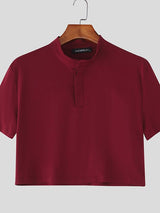 Men's Solid Color Stand Collar Cropped Short Sleeve T-shirt SKUL50078