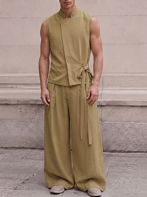 Men's Neo-Chinese Zen Asymmetrical Wrap Two Pieces Outfit SKUL79239
