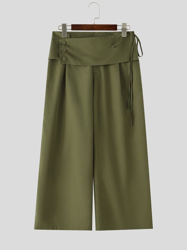 Men's Avant-Garde Asymmetrical Fold-Over Button Tie Waist Wide Leg Pant SKUL71412
