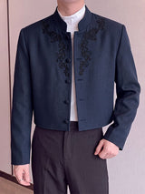 Men's Retro Party Floral Embroidery Cropped Boxy Long Sleeve Stand Collar Blazer SKUL80463