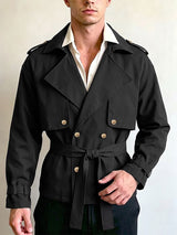 Men's Retro Urban Casual Epaulet Cuff Strap Cinched Waist Structured Twill Long Sleeve Lapel Collar Jacket SKUL78332