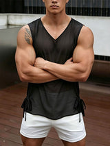Men's Sheer Chiffon Deep Side Split Tie Hem V-Neck Tank SKUL63642