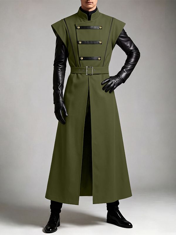 Men's Avant-Garde Runway Military Strap Metal Button Belted Sleeveless Stand Collar Floor Length Waistcoat SKUL81730