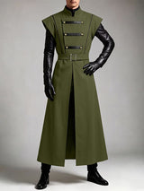 Men's Avant-Garde Runway Military Strap Metal Button Belted Sleeveless Stand Collar Floor Length Waistcoat SKUL81730