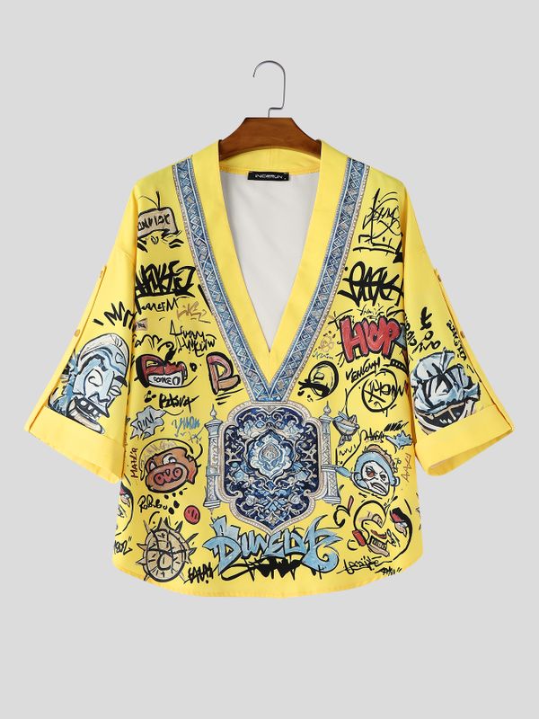 Men's High-Street Avant-Garde Graffiti Print Loose Short Sleeve Shirt SKUL70363
