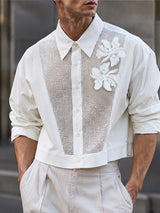 Men's Avant-Garde Sheer Mesh Panel 3D Floral Applique Cropped Shirt SKUL75674