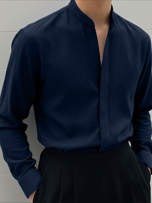 Men's Solid Color Stand Collar Long Sleeve Shirt SKUL49918