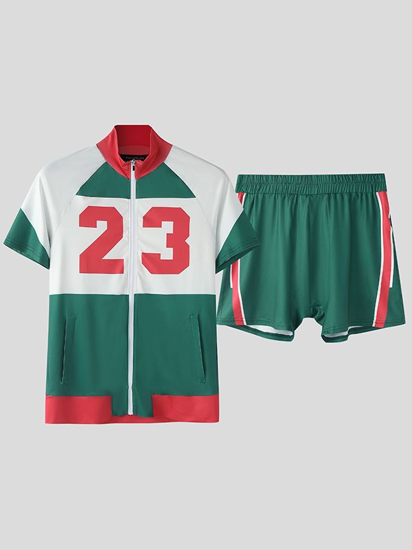 Men's Number Print Color Block Zip Two Pieces Outfit SKUL50007