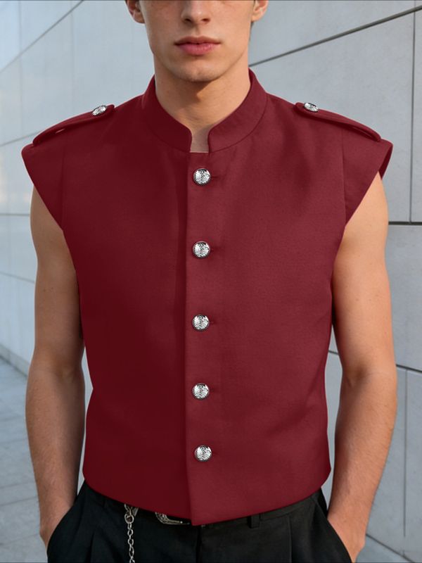 Men's Avant-Garde Ornate Silver Buttons Sleeveless Mandarin Collar Shirt SKUL62076