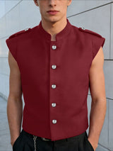 Men's Avant-Garde Ornate Silver Buttons Sleeveless Mandarin Collar Shirt SKUL62076