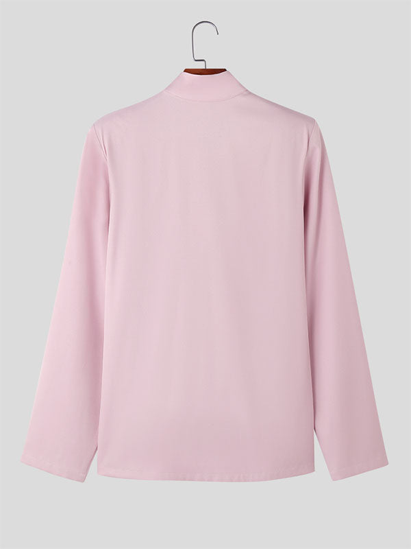 Mens Textured Stand Collar Long Sleeve Shirt SKUK99994