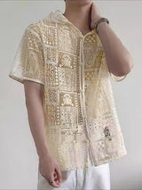 Men's Sheer Lace Hooded Short Sleeve Shirt SKUL26995