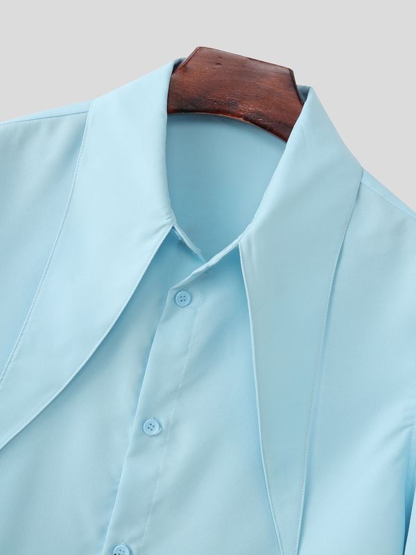 Men's Extra-Long Pointed Collar Asymmetrical Cropped Short Sleeve Shirt SKUL61699