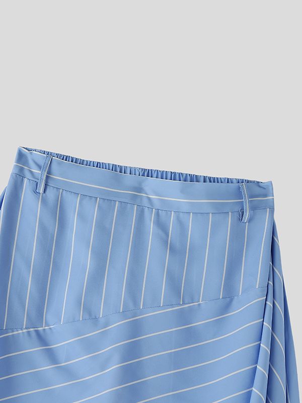 Men's Avant-Garde Asymmetric Pinstripe Skirted Layered Wide-Leg Pant SKUL65878