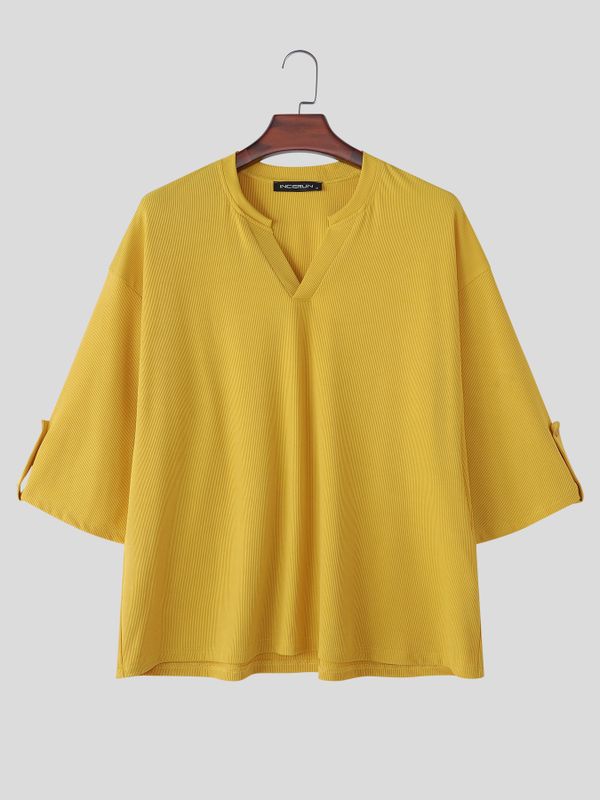 Men's Japanese Cityboy Ribbed Knit Texture Drop-Shoulder 3/4 Sleeve T-shirt SKUL74627