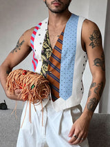 Men's Avant-Garde Deconstructed Multi-Pattern Tie Patchwork Slim Waistcoat SKUL70343