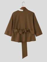Men's Avant-Garde Asian Fusion Cross Collar Contrast Trim Belted Wrap Shirt SKUL76544