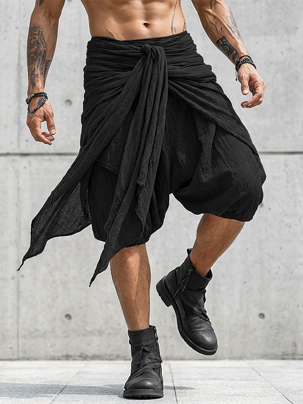 Men's Avant-Garde Dark Wear Deconstructed Asymmetric Tied Wrap Drop-Crotch Short SKUL54748