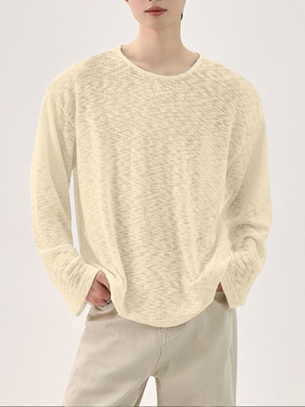 Men's Textured Knit Semi-Sheer Loose Long Sleeve T-Shirt SKUL31822