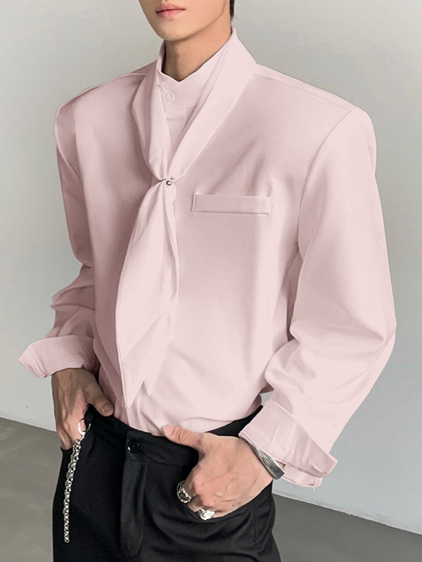 Men's Solid Color Tie Long Sleeve Shirt SKUL42397