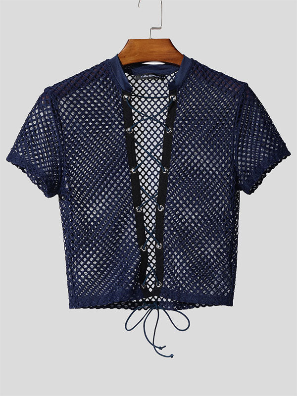 Men's Sheer Mesh Lace-Up Cross Cropped Short Sleeve T-Shirt SKUL16796
