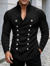 Men's Avant-Garde Early Autumn Military Button Cross Wrap Muscle Slim Long Sleeve Deep V-Neck Sweater SKUL80555