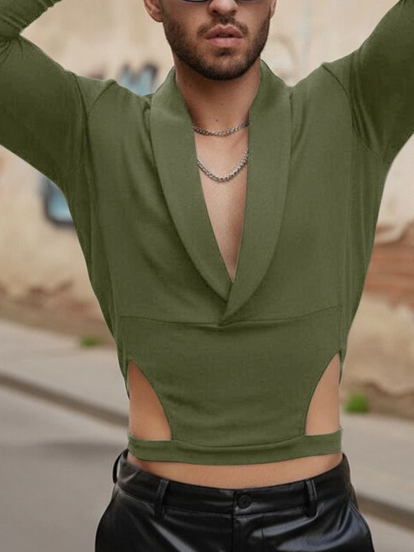 Men's Waist Cutout V Neck Long Sleeve T-shirt SKUL45203